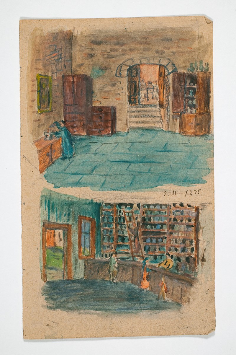 Et ark med to separate interiører, fra en skissebok av Edvard Munch som tolvåring. I det øverste bildet ser vi et steinkammer inne i et slott, med grå vegger og blå fliser på gulvet. Mot veggen står det to skap av tre, og en trapp fører opp gjennom en buet døråpning. Til venstre står en figur i blå kappe ved en arbeidsbenk i tre og forbereder kjemikalier. Det nederste bildet viser et mer moderne apotek. Tre kunder venter ved en lang disk. Veggen bak disken er fylt med hyller med flasker og krukker med medisiner. En assistent betjener kundene, mens en annen står på en stige.