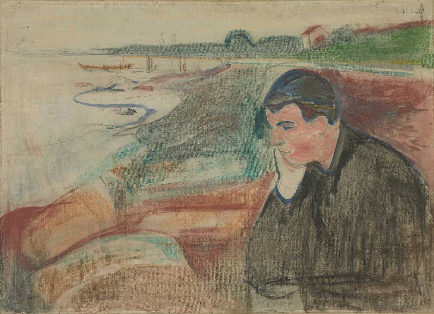 Edvard Munch: Aften. Melankoli. Olje, blyant og fargestift på lerret, 1891. Foto © Munchmuseet